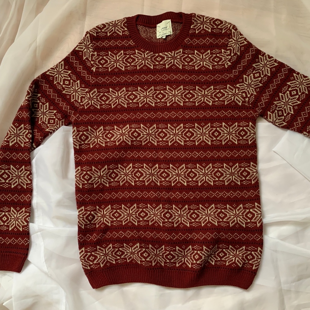 Topman Mens Red Wool Fair Isle Crewneck Sweater